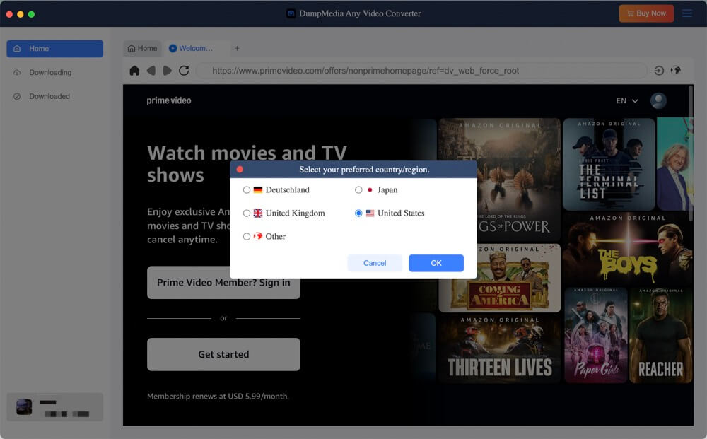 Log in to Amazon Prime account and choose region