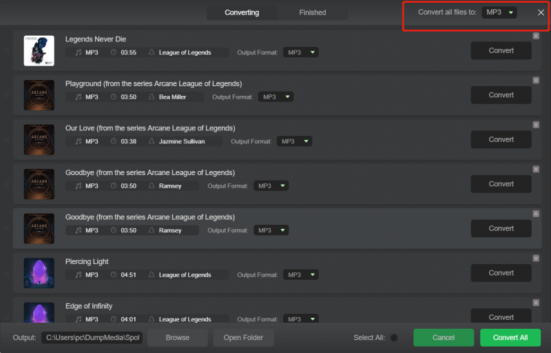 Sélectionnez le format de sortie