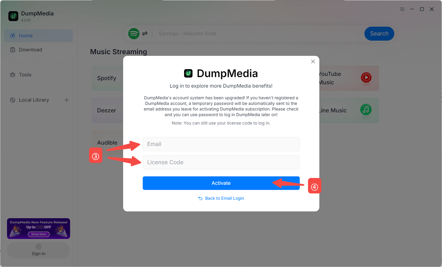 Se connecter DumpMedia Spotify Music Converter Utilisation d'une licence Étape 2