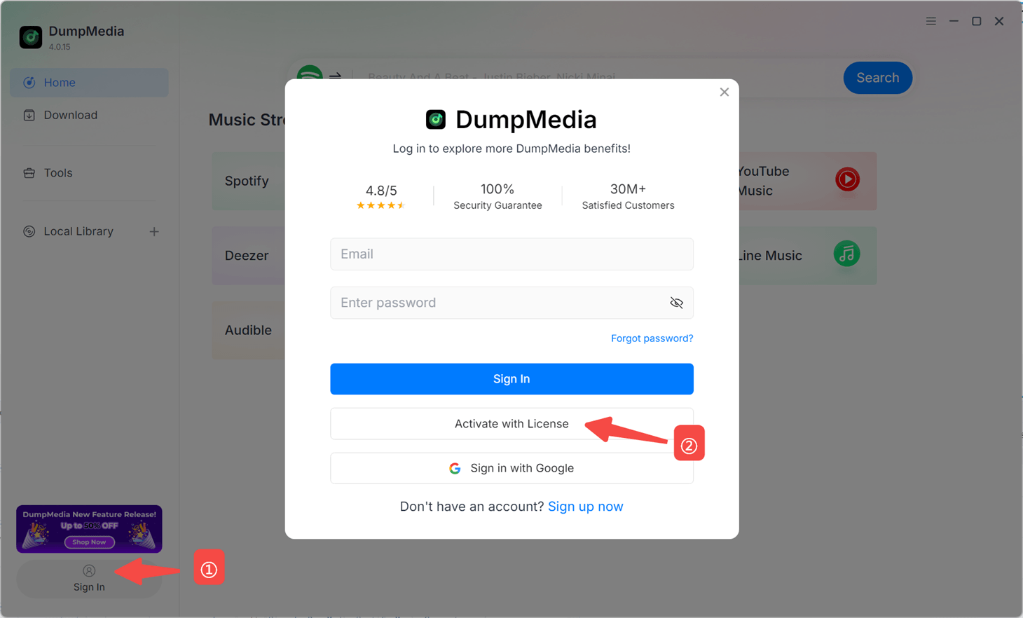 Se connecter DumpMedia Spotify Music Converter utilisation d'une licence
