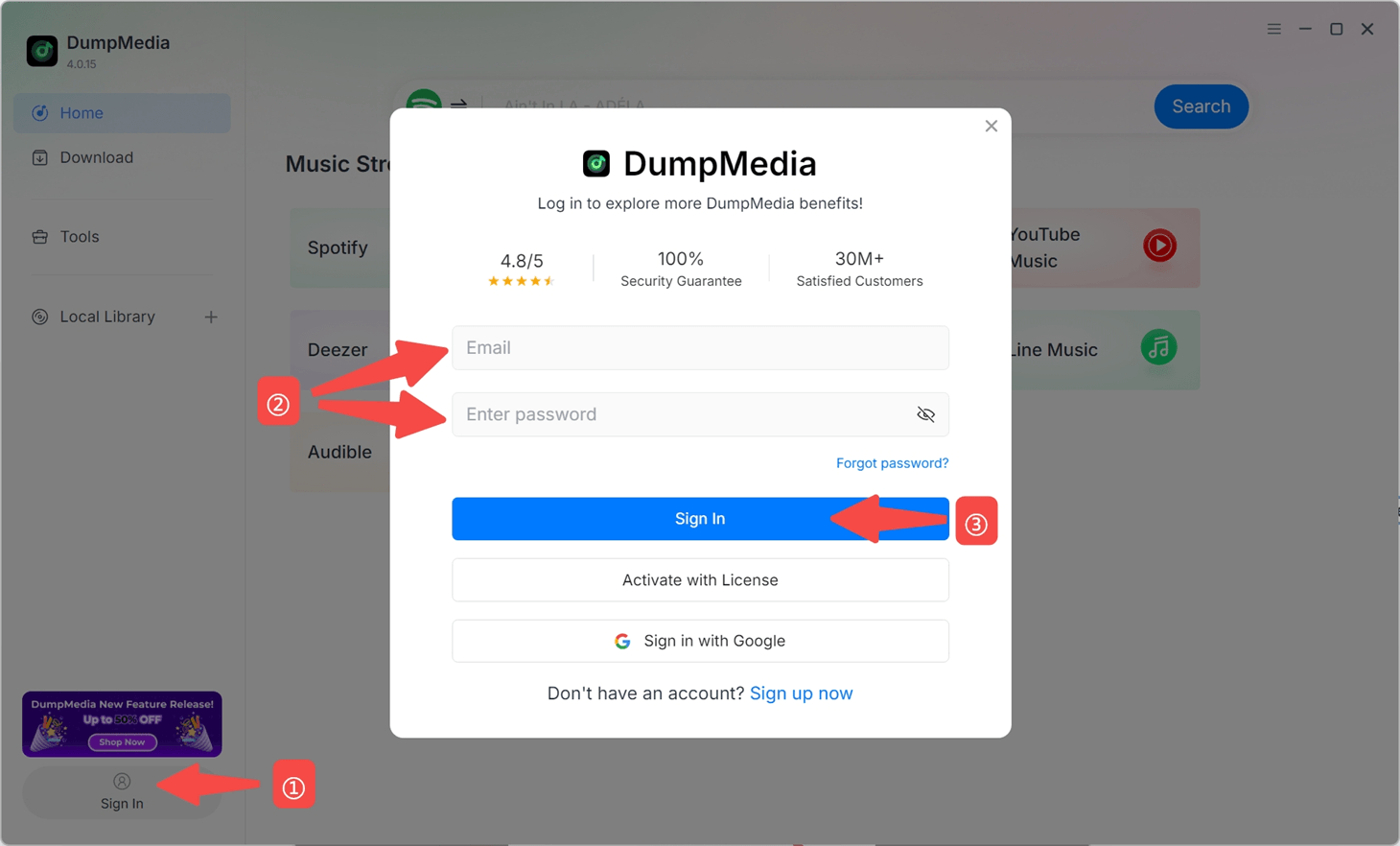 Se connecter DumpMedia Spotify Music Converter en utilisant votre mot de passe