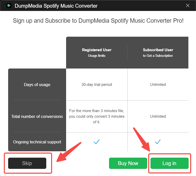 Clique no botão Ignorar ou Login para usar DumpMedia Spotify Music Converter
