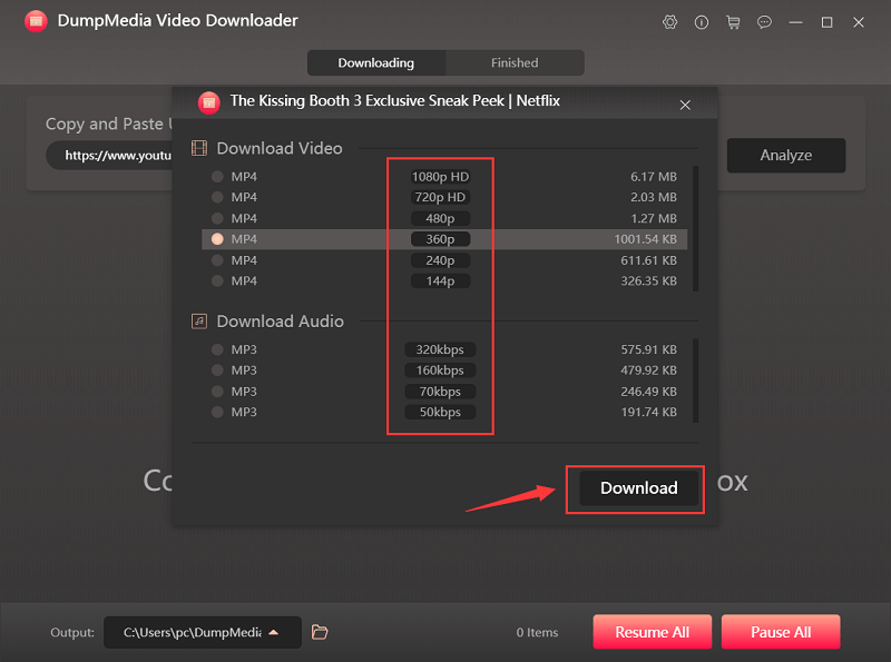 Choisissez le format de sortie de la vidéo Reddit