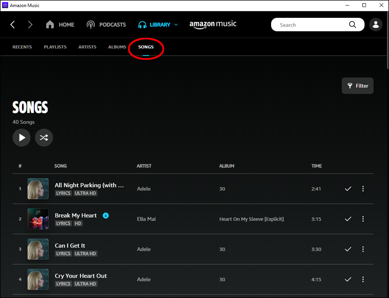 Amazon Music Library and Songs