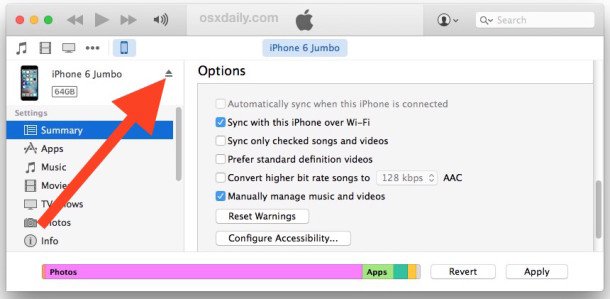 iPod を iTunes から切断する