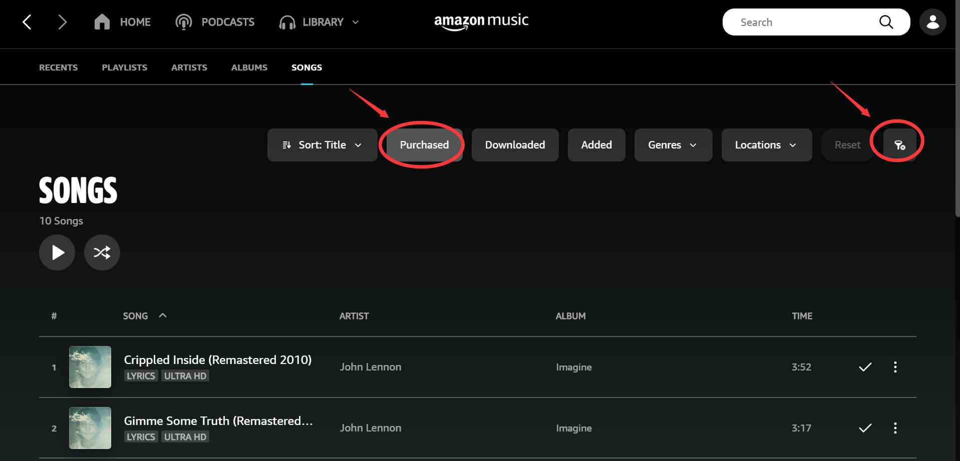 Trouver vos chansons achetées sur l'application Amazon Music