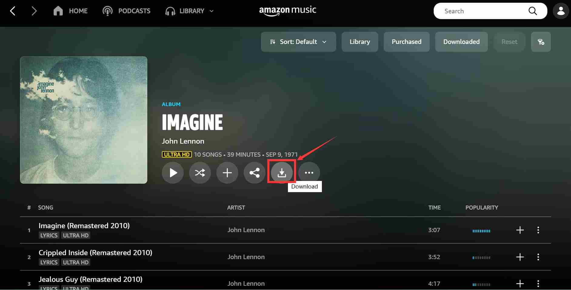 アプリでAmazonプライムから曲をダウンロードする