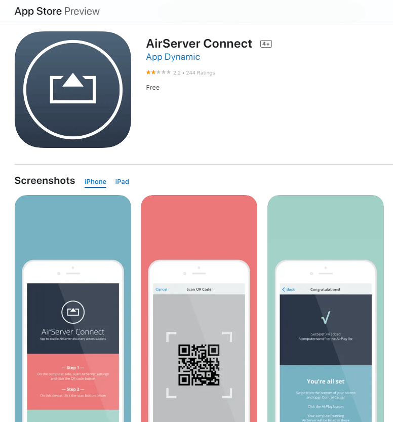 Downloading AirServer Connect on App Store