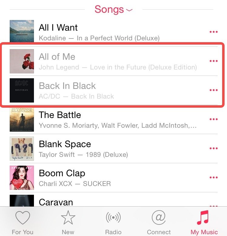 Apple Music-nummers grijs weergegeven