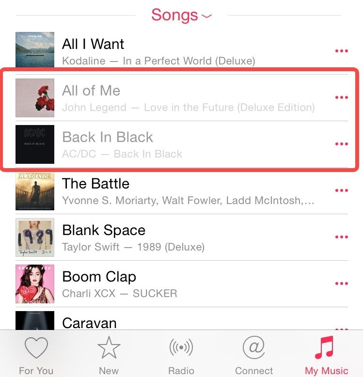 Mostrar canciones de Apple Music en gris