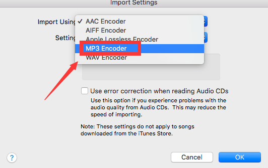 La elección MP3 Codificador en configuración de importación