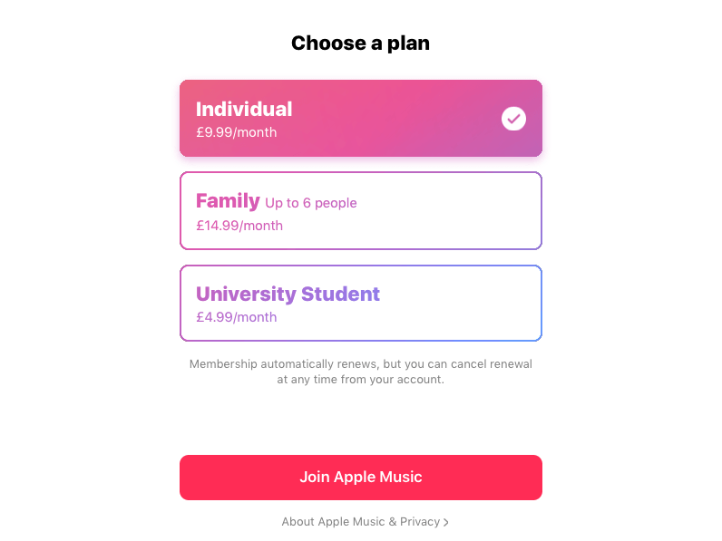 Выбор плана членства в Apple Music