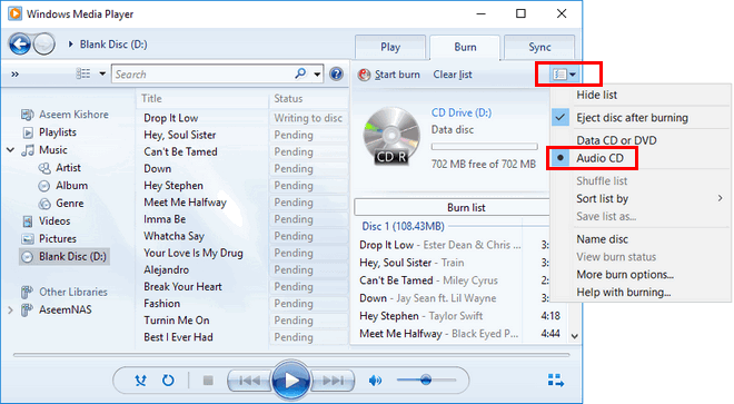 Windows Media Player를 사용하여 변환된 Apple 음악을 CD로 굽기