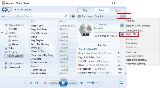 Burn the Converted Apple Music to A CD with Windows Media Player