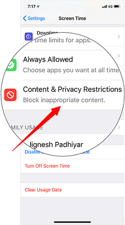 Fare clic su Restrizioni sui contenuti e sulla privacy
