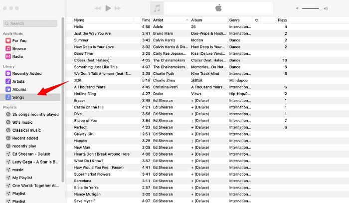 Apri iTunes e fai clic su Canzoni