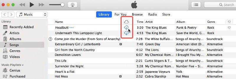 Apple Muisc를 다운로드하려면 iTunes에서 클라우드 아이콘을 클릭하십시오.