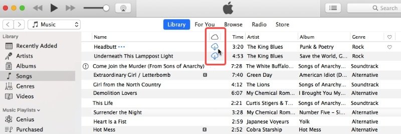 Kliknij ikonę chmury w iTunes, aby pobrać Apple Muisc