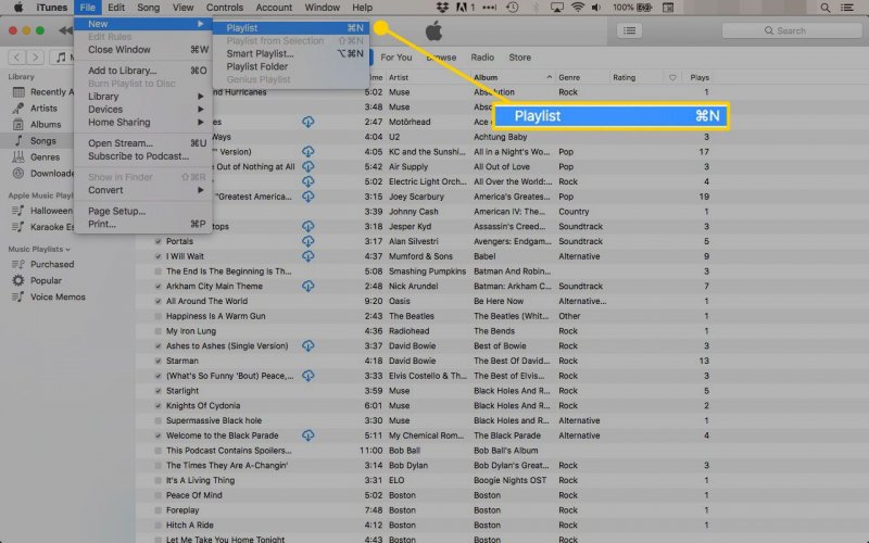 Creazione di una nuova playlist su iTunes