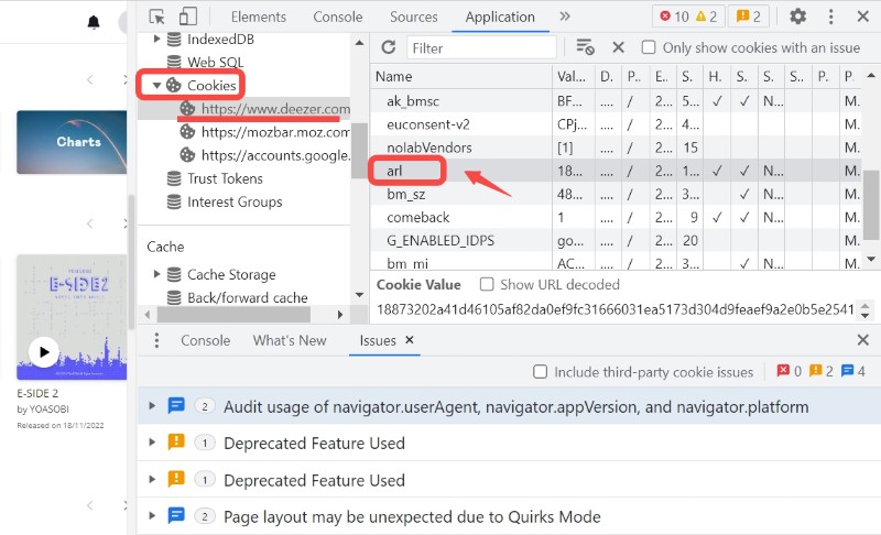 開発者向けオプションで Cookie と ARL を見つける