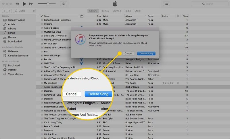 Elimina brani in iTunes