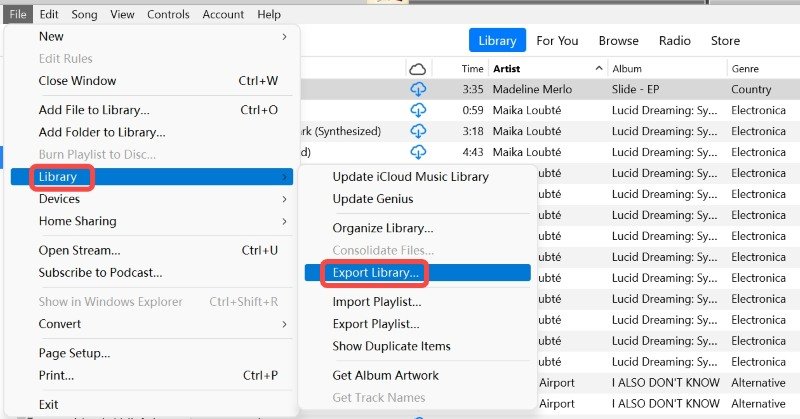 Экспорт библиотеки в приложении iTunes