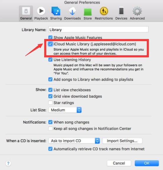 Sintonizzazione su iCloud Music Library in iTunes su Windows