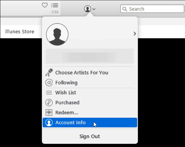 Selecting iTunes Account Info to See Apple Music Renewing Situation
