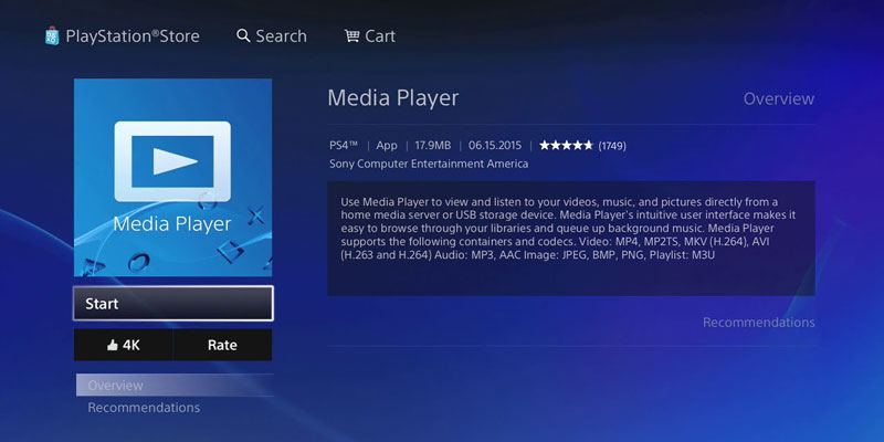 Abrindo o aplicativo Media Player no PS4