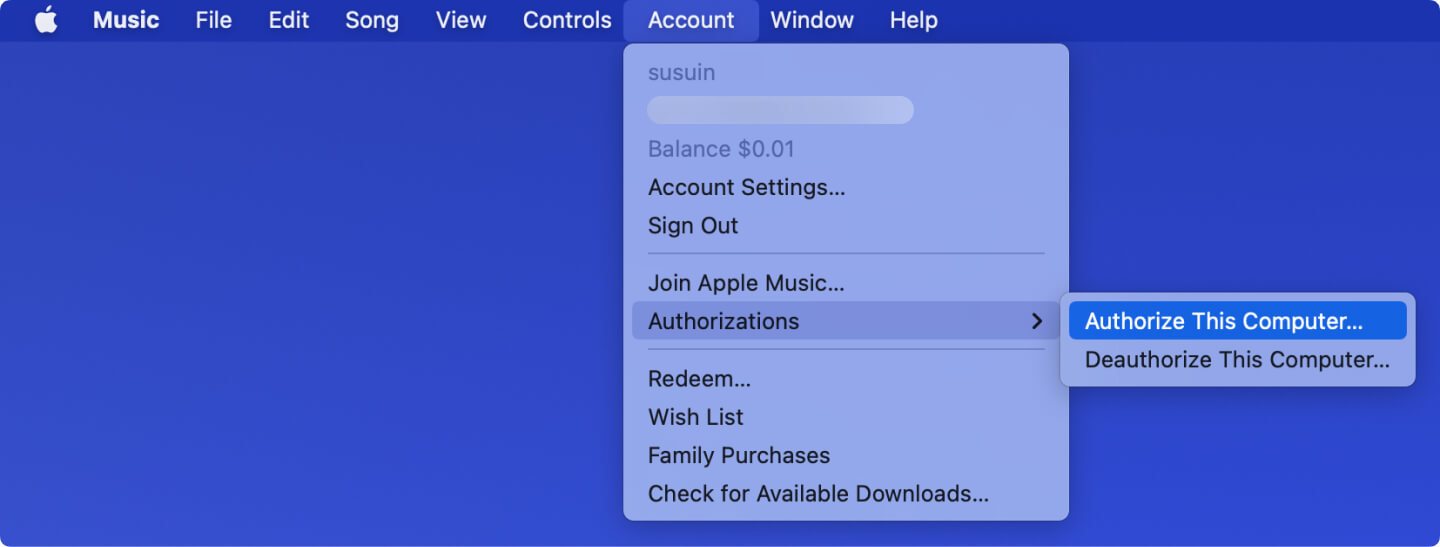 Vuelva a autorizar la computadora para arreglar las canciones de iTunes en gris