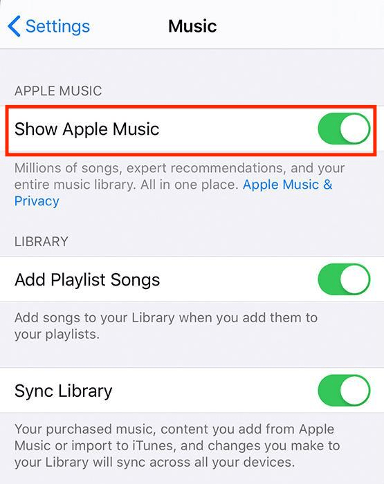 Включить Показать настройки Apple Music