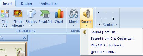 Перейдите на вкладку «Вставка» и нажмите кнопку «Звуки».