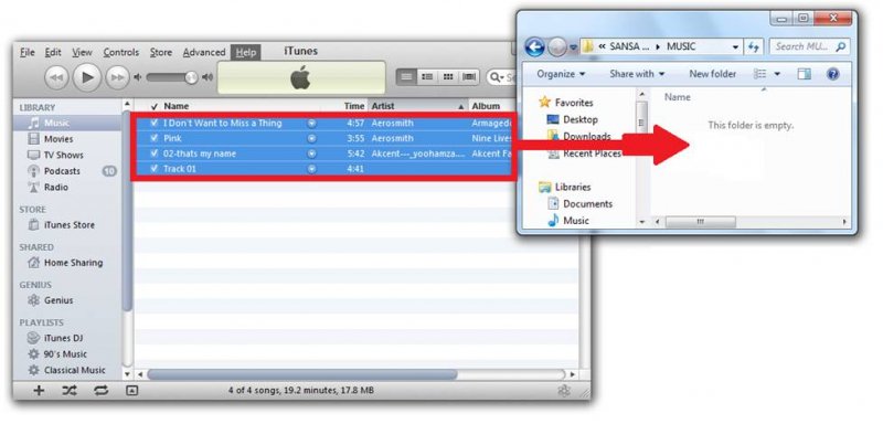 Перенос музыкальных файлов в Sandisk Sansa Clip с помощью iTunes