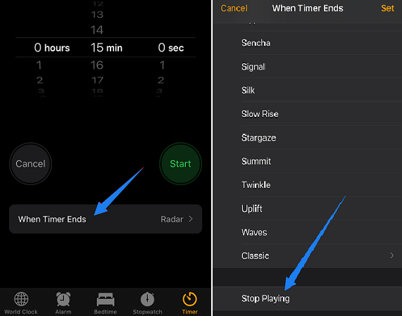 Einstellen des Timers zum Stoppen der Musik auf dem iPhone