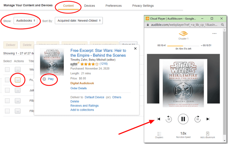 Ascolta Audible Cloud Player utilizzando il sito Web di Amazon