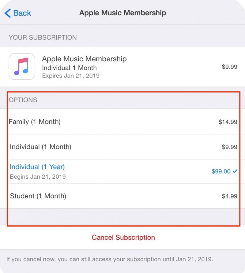 Изменить план Apple Music на странице членства
