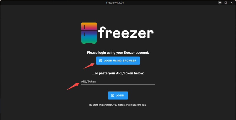 Загрузите Freezer и войдите в свою учетную запись Deezer на нем