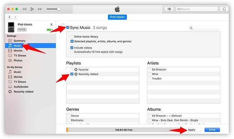 Utilizzo di iTunes per trasferire brani musicali di Apple su iPod