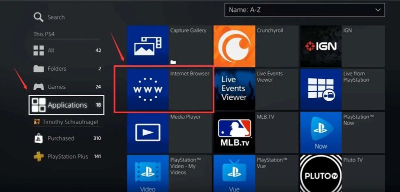 Inicie o navegador de Internet no PS4