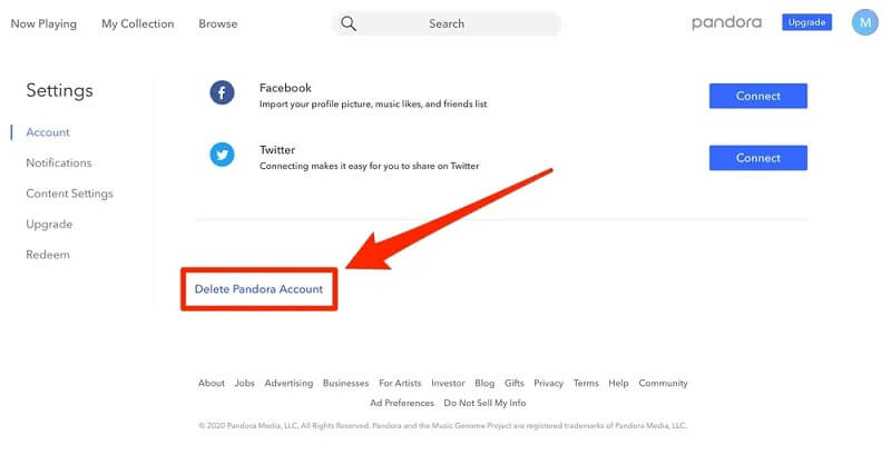 Click Delete Pandora Account