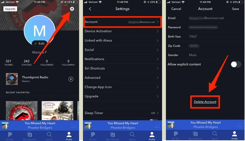 Passaggi per eliminare un account Pandora su un dispositivo mobile