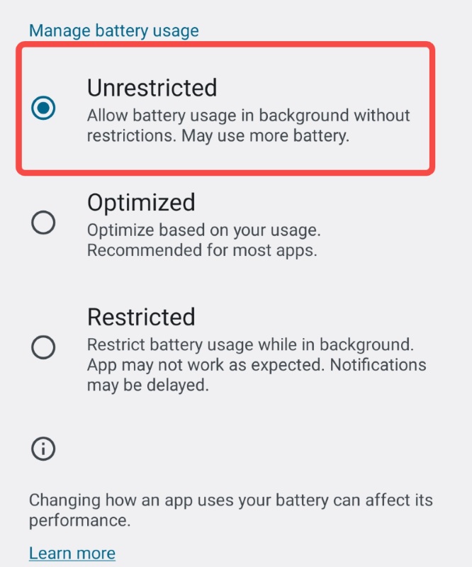 Choose The Unrestricted Battery Usage Option to Allow Spotify Run in Background 