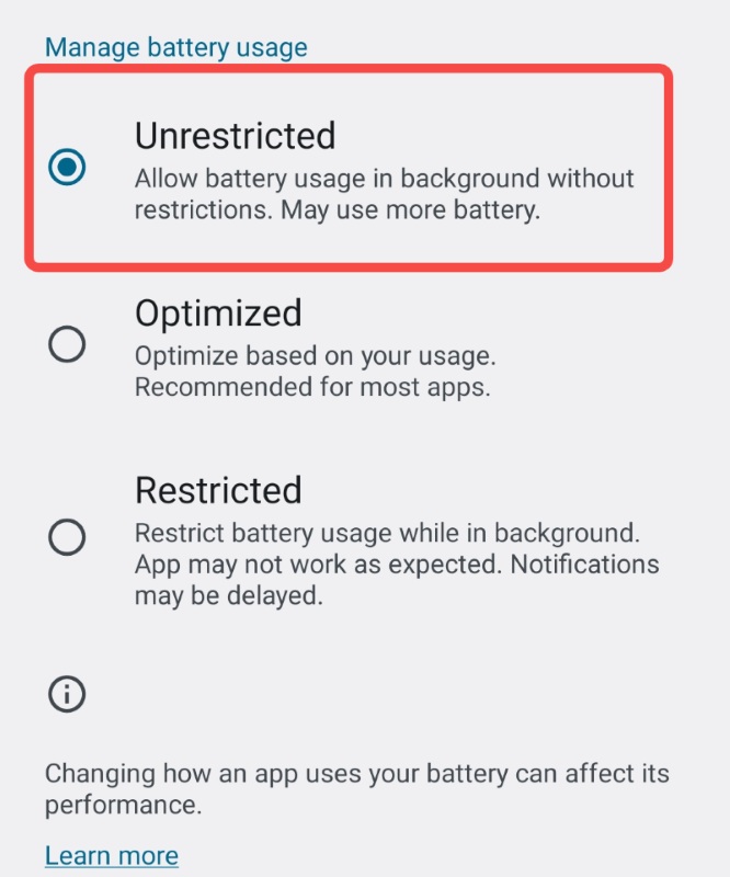 選擇不受限制的電池使用選項以允許 Spotify 在後台運行
