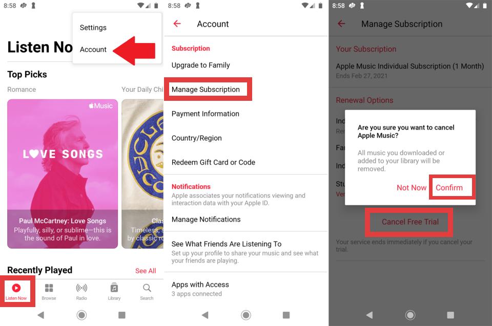 Unsubscribe Apple Music on Android