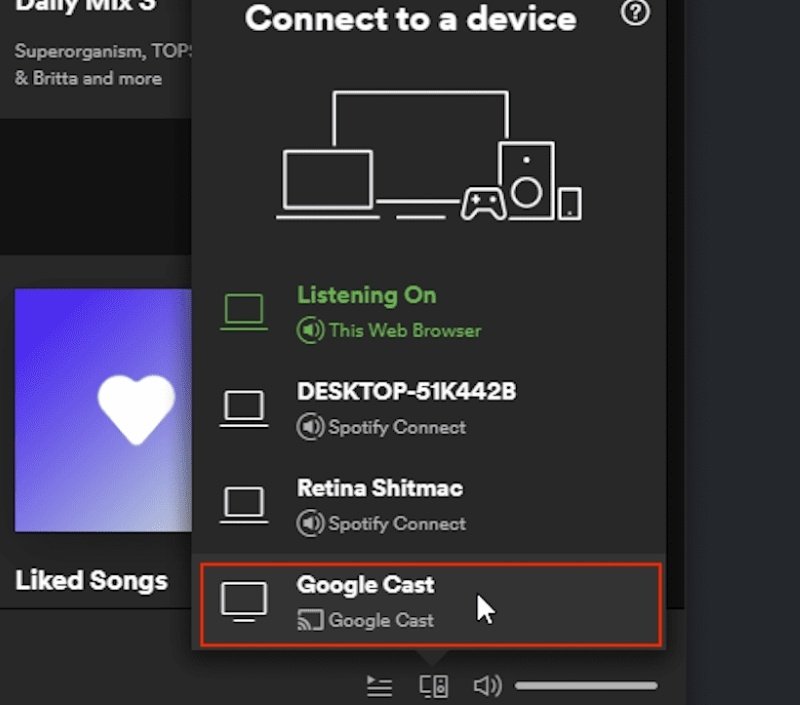 プレイする Chromecast デバイスを選択してください Spotify 音楽を聴く際のスピーカーとして