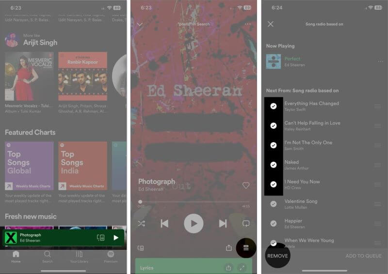 청산 절차 Spotify 모바일 대기열