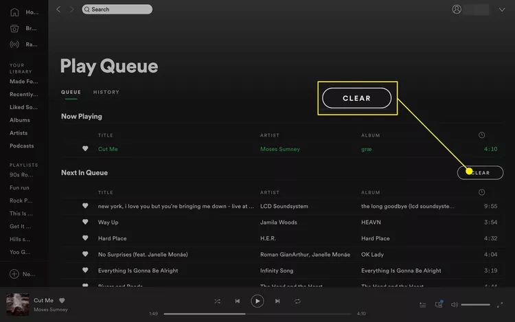 에서 "지우기" 버튼을 클릭합니다. Spotify의 Win다우 지수