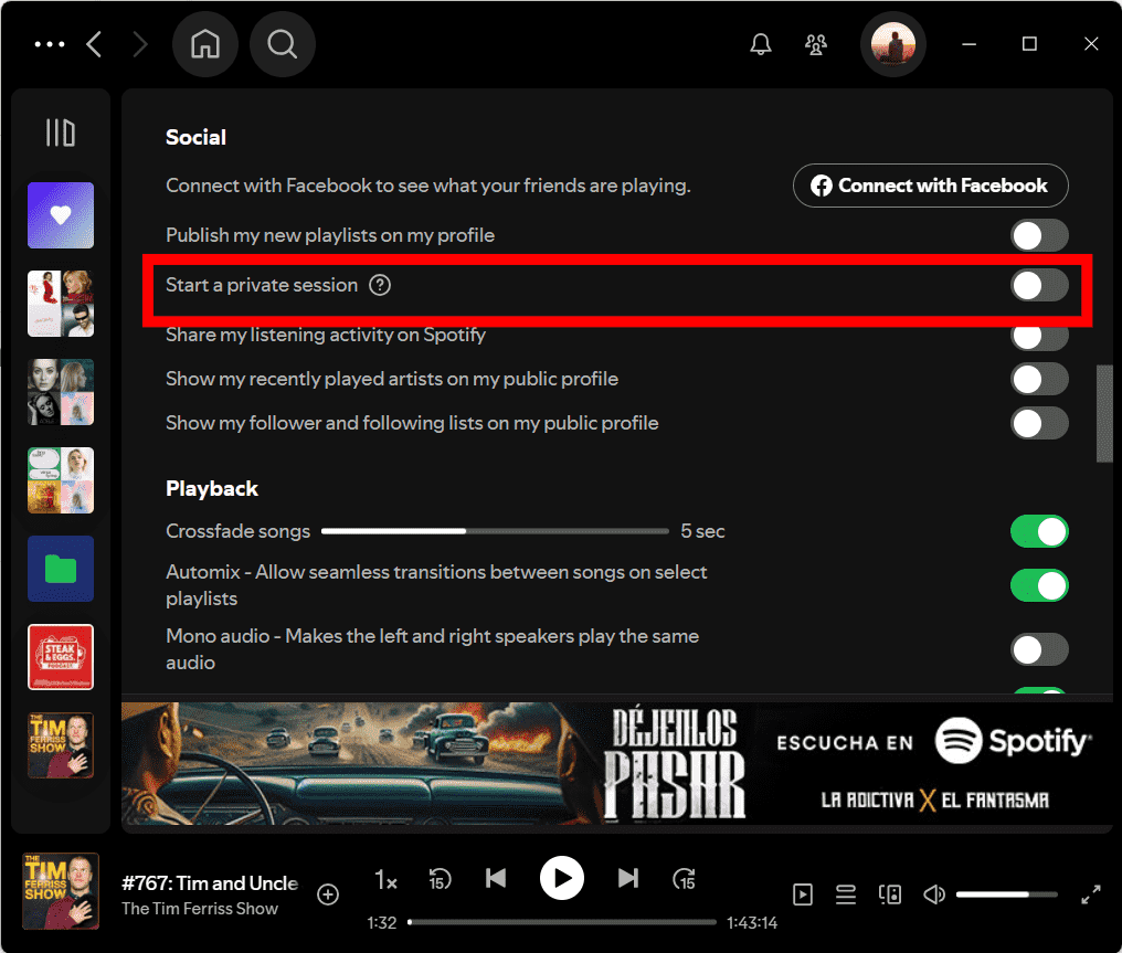 Włącz sesję prywatną Spotify