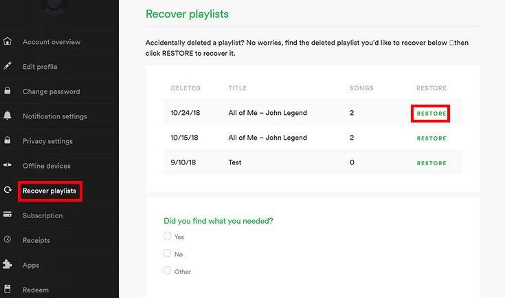 Restaurar as músicas excluídas em Spotify