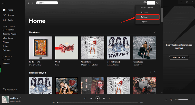 Spotify Profiel en selecteer Instellingen